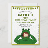 かわいいガールウィンググリーンカエルフード付スケッチ誕生日 招待状 (正面)