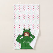 かわいいガールウィンググリーンカエルフード付スケッチ バスタオルセット (ハンドタオル)