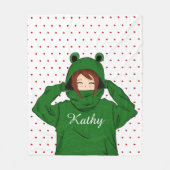 かわいいガールウィンググリーンカエルフード付スケッチ フリースブランケット (正面)