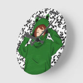 かわいいガールウィンググリーンカエルフード付スケッチ ラウンド壁時計 (傾斜)