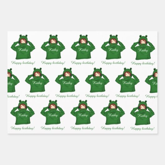 かわいいガールウィンググリーンカエルフード付スケッチ ラッピングペーパーシート (正面3)