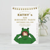 かわいいガールウィンググリーンフロッグフード付スターズ誕生日 招待状 (スタンド正面)