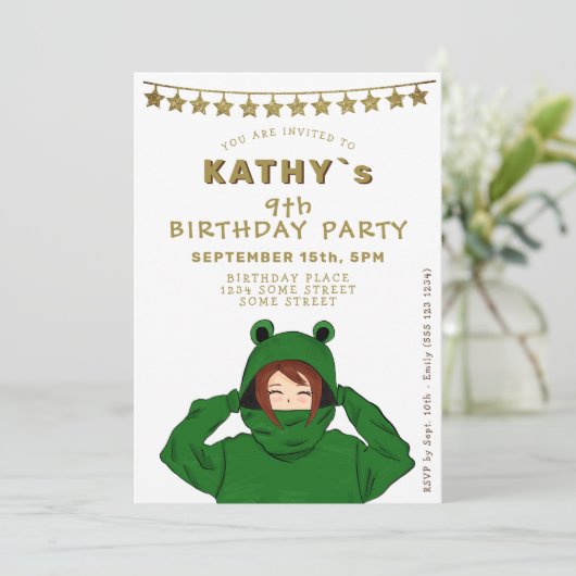 かわいいガールウィンググリーンフロッグフード付スターズ誕生日 招待状 (スタンド正面)
