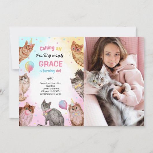 かわいいガールキャットポーティ動物の誕生日写真 招待状 (正面)
