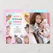 かわいいガールキャットポーティ動物の誕生日写真 招待状 (正面/裏面)