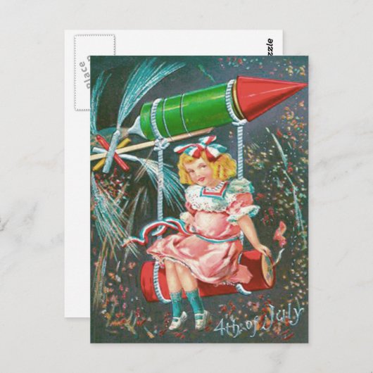かわいいガールスイングボトルロケットファイクラッカー ポストカード (正面/裏面)