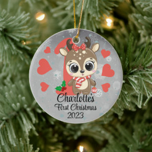 かわいいガールトナカイベビーの初めてのクリスマスシルバー セラミックオーナメント