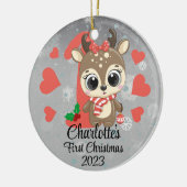 かわいいガールトナカイベビーの初めてのクリスマスシルバー セラミックオーナメント (左)
