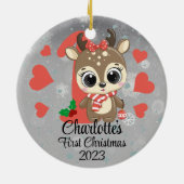 かわいいガールトナカイベビーの初めてのクリスマスシルバー セラミックオーナメント (裏面)