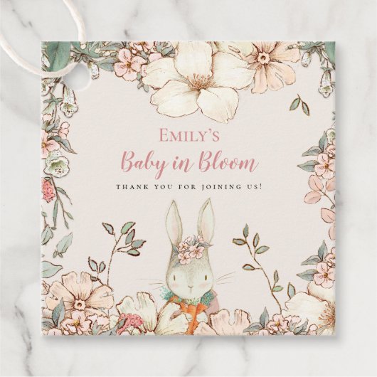 かわいいガールバニー花模様ベビーイン開花メッセージカード フェイバータグ (正面)