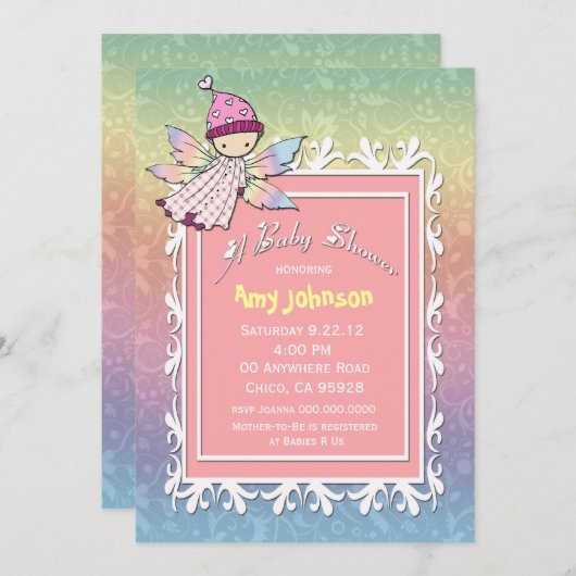 かわいいガールフェアリーベイビーシャワー招待状 招待状 (正面/裏面)