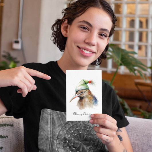 かわいいキウイの鳥がクリスマスのエルフの帽子を被っている、カスタム シーズンカード
