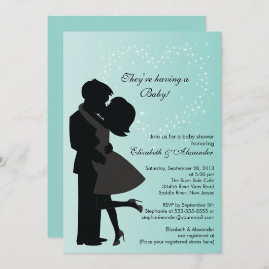 かわいいキスをする妊婦さんがラブベビーシャワー 招待状 (正面/裏面)