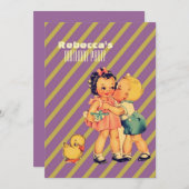 かわいいキスキッズレトロな子供誕生日パーティー 招待状 (正面/裏面)