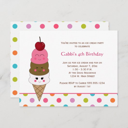 かわいいキッズかわいいアイスクリームパーティー 招待状 (正面/裏面)