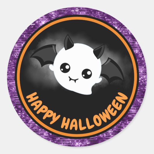 かわいいキッズこうもり&パープルグリッターハッピーハローウィン ラウンドシール (正面)