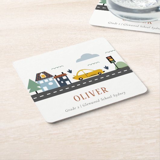 かわいいキッズアーバンシティ車の道路街並み スクエアペーパーコースター (アングル)
