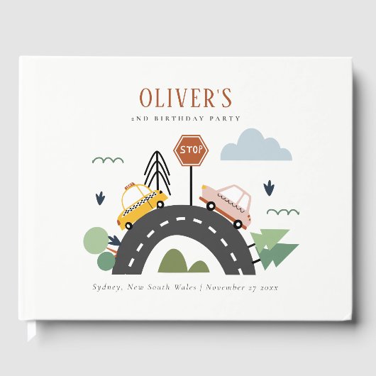 かわいいキッズアーバン車の道路任意の年齢誕生日 ゲストブック (正面)