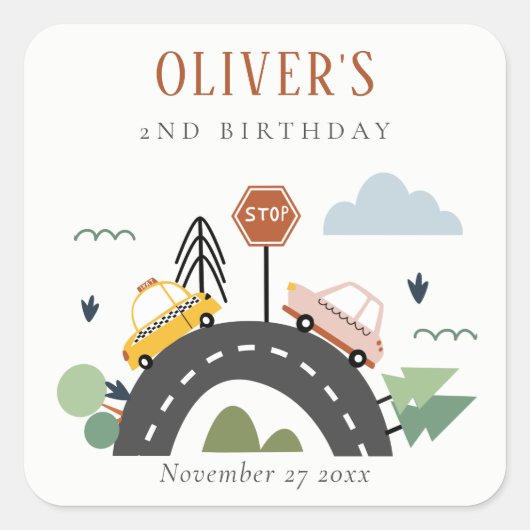 かわいいキッズアーバン車の道路任意の年齢誕生日 スクエアシール (正面)