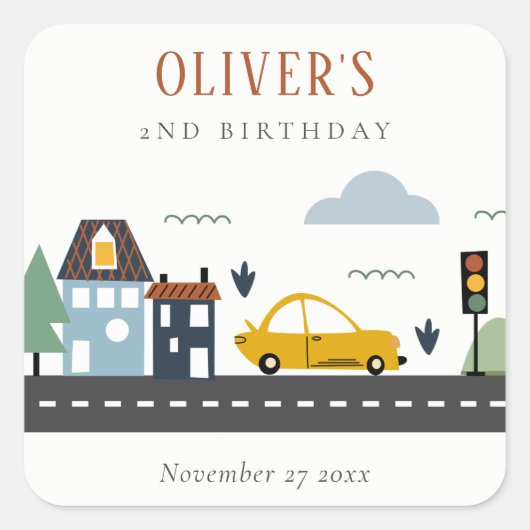 かわいいキッズアーバン車の道路任意の年齢誕生日 スクエアシール (正面)