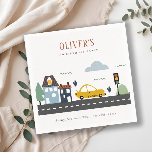 かわいいキッズアーバン車の道路任意の年齢誕生日 スタンダードカクテルナプキン