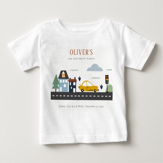 かわいいキッズアーバン車の道路任意の年齢誕生日 ベビーTシャツ (正面)