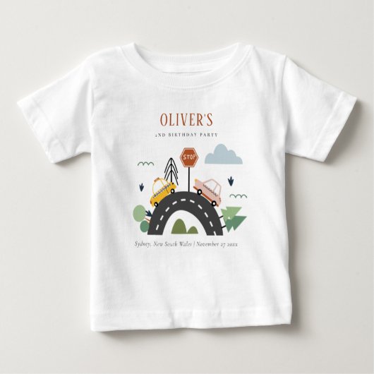 かわいいキッズアーバン車の道路任意の年齢誕生日 ベビーTシャツ (正面)
