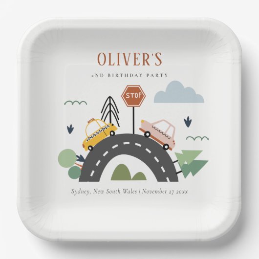 かわいいキッズアーバン車の道路任意の年齢誕生日 ペーパープレート (正面)