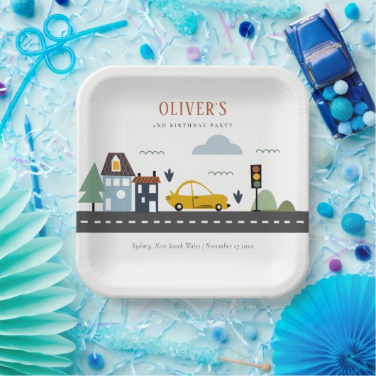 かわいいキッズアーバン車の道路任意の年齢誕生日 ペーパープレート (パーティー)