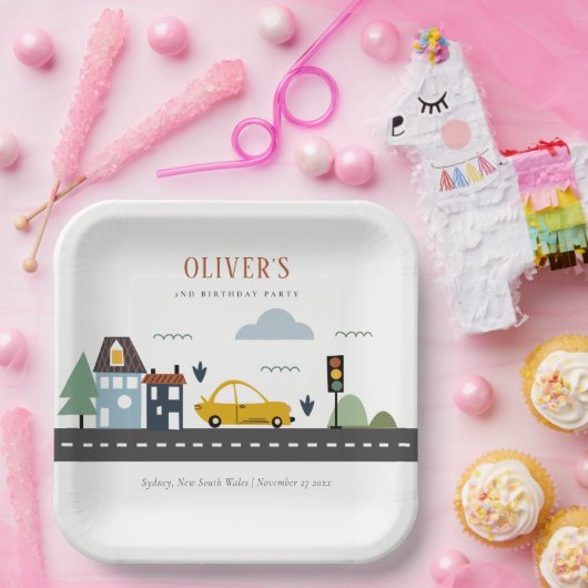 かわいいキッズアーバン車の道路任意の年齢誕生日 ペーパープレート (パーティー)