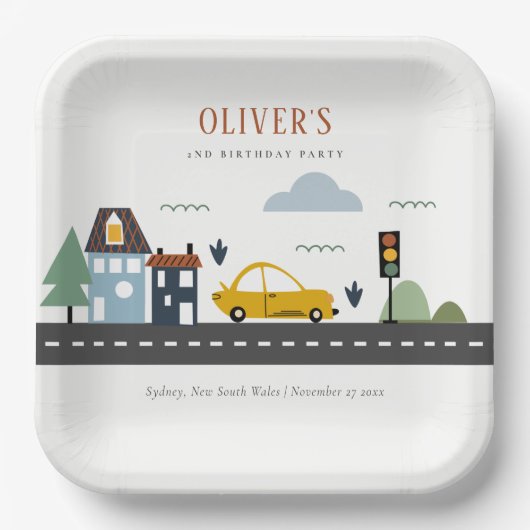 かわいいキッズアーバン車の道路任意の年齢誕生日 ペーパープレート (正面)