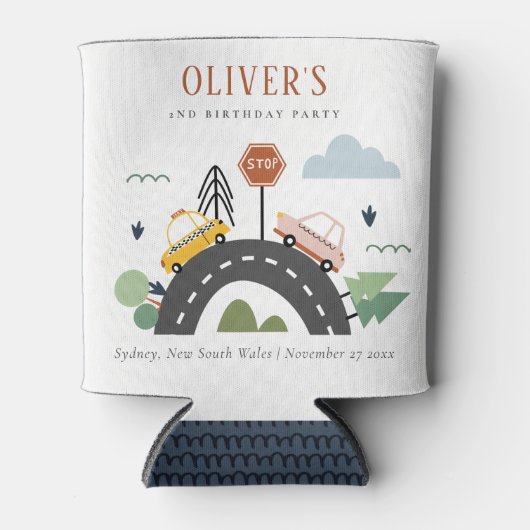 かわいいキッズアーバン車の道路任意の年齢誕生日 缶クーラー (正面)