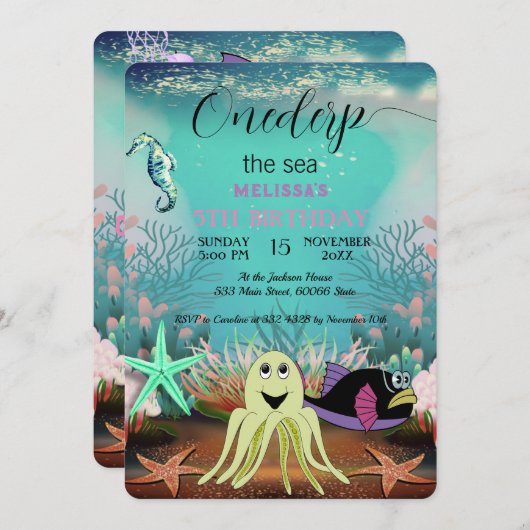 かわいいキッズウォーターカラーオンダーザシー誕生日I 招待状 (正面/裏面)