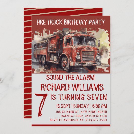 かわいいキッズウォーターカラーファイアートラック誕生日パーティー 招待状 (正面/裏面)