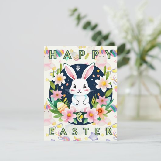 かわいいキッズウォーターカラーフローラバニーエッグハッピーイースター シーズンカード (スタンド正面)