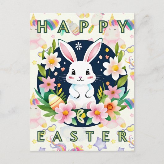 かわいいキッズウォーターカラーフローラバニーエッグハッピーイースター シーズンポストカード (正面)