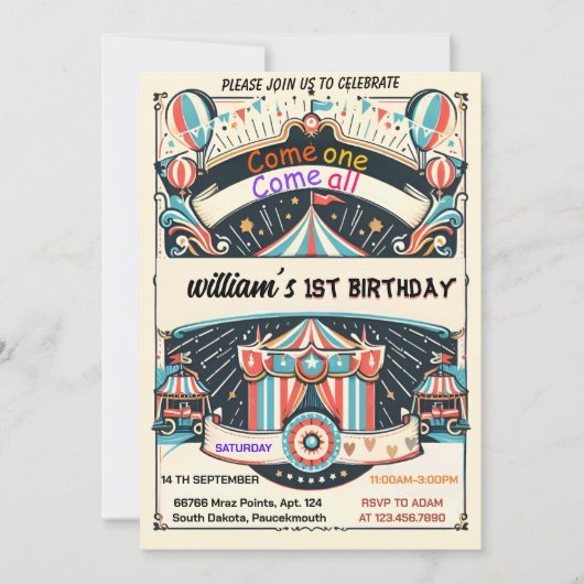 かわいいキッズカーニバルサーカスショー1st誕生日 招待状 (正面)