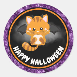 かわいいキッズキャット&パープルグリッターハッピーハローウィン ラウンドシール
