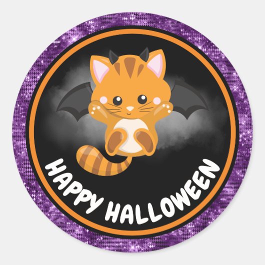 かわいいキッズキャット&パープルグリッターハッピーハローウィン ラウンドシール (正面)