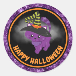 かわいいキッズキャット&パープルグリッターハッピーハローウィン ラウンドシール