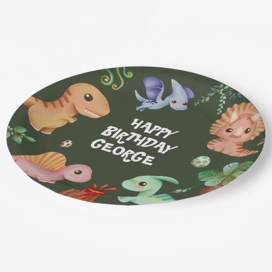 かわいいキッズグリーンディーノバースデーパーティー ペーパープレート (アングル)