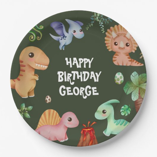 かわいいキッズグリーンディーノバースデーパーティー ペーパープレート (正面)