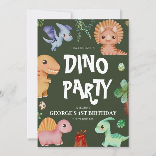 かわいいキッズグリーンディーノバースデーパーティー 招待状 (正面)