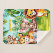 かわいいキッズサファリジャングルの動物パーソナライズされた名 シェルパブランケット (正面(横))