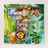 かわいいキッズサファリジャングルの動物パーソナライズされた名 ジグソーパズル (横)