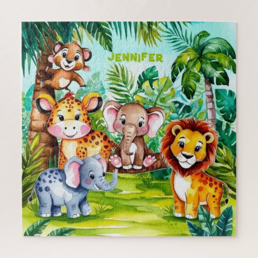 かわいいキッズサファリジャングルの動物パーソナライズされた名 ジグソーパズル (縦)