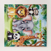 かわいいキッズサファリジャングルの動物パーソナライズされた名 ジグソーパズル (横)