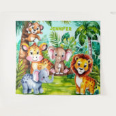 かわいいキッズサファリジャングルの動物パーソナライズされた名 タペストリー (正面(横))