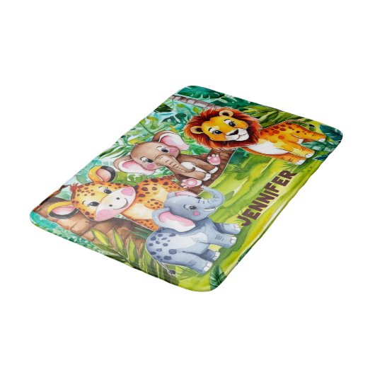 かわいいキッズサファリジャングルの動物パーソナライズされた名 バスマット (アングル)