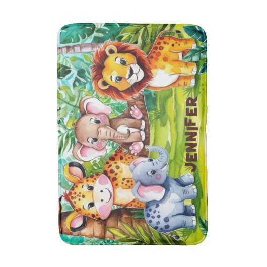 かわいいキッズサファリジャングルの動物パーソナライズされた名 バスマット (正面縦)